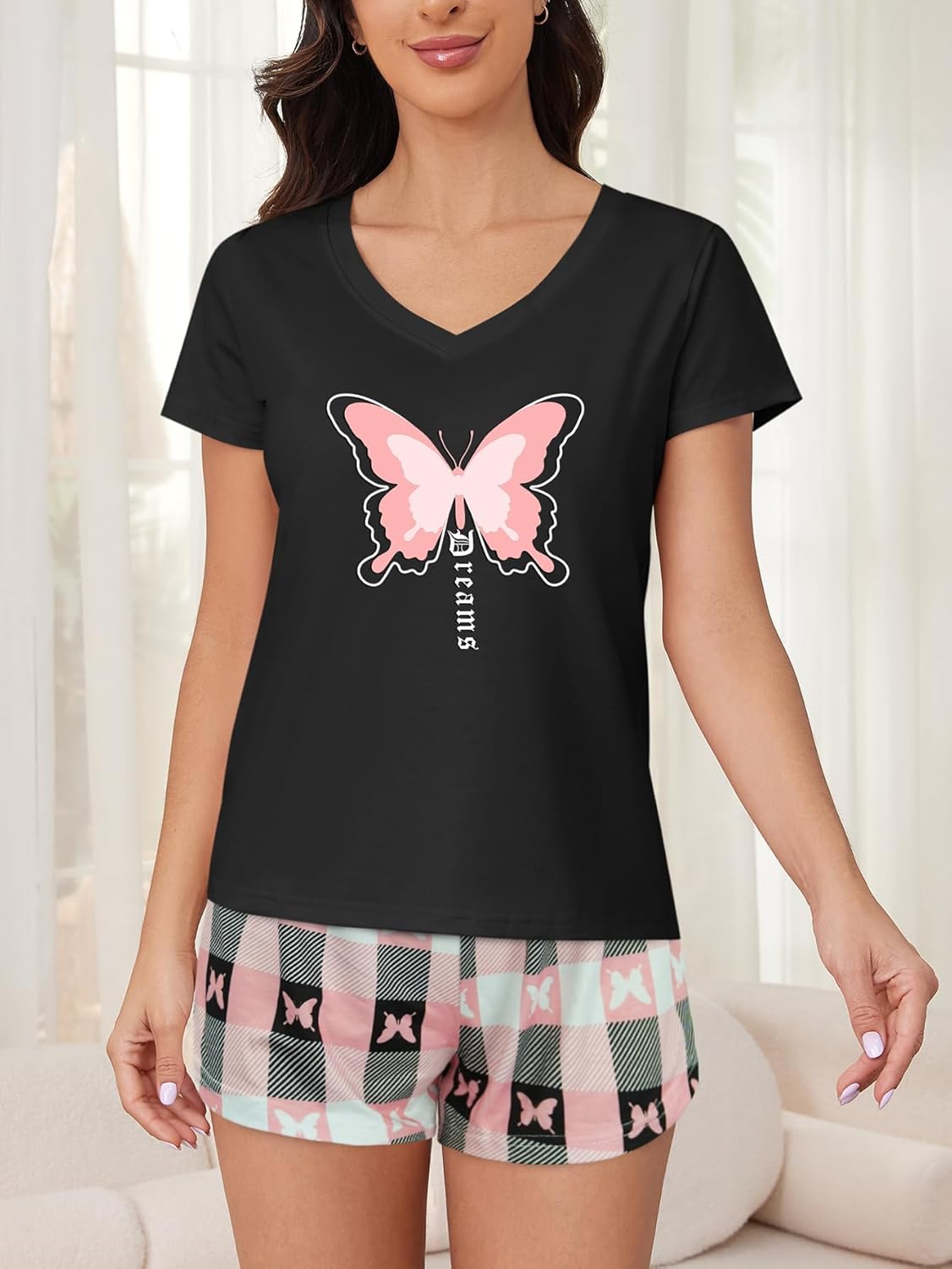 YIJIU 2 Pack Womens Pajama Sets Short Sleeve Top with Shorts Sleepwear Printed Pjs Set Soft Loungewear - Image 5