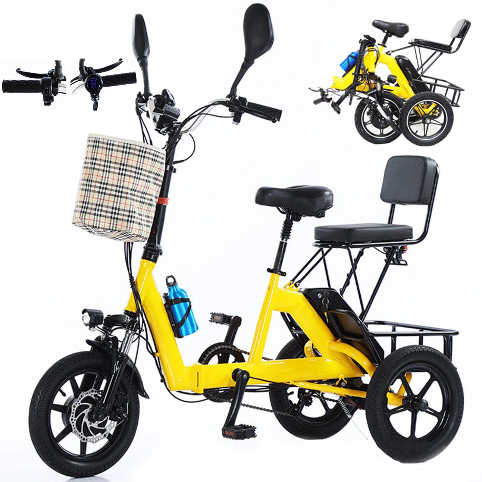 Triciclo Elettrico Pieghevole Da 14 Pollici, Biposto, Con Batteria Da 48V 10Ah (Autonomia Di 45km), Doppio Freno Anteriore E Posteriore, Supporto Per Telefono Ricaricabile, Per Adulti. Yellow