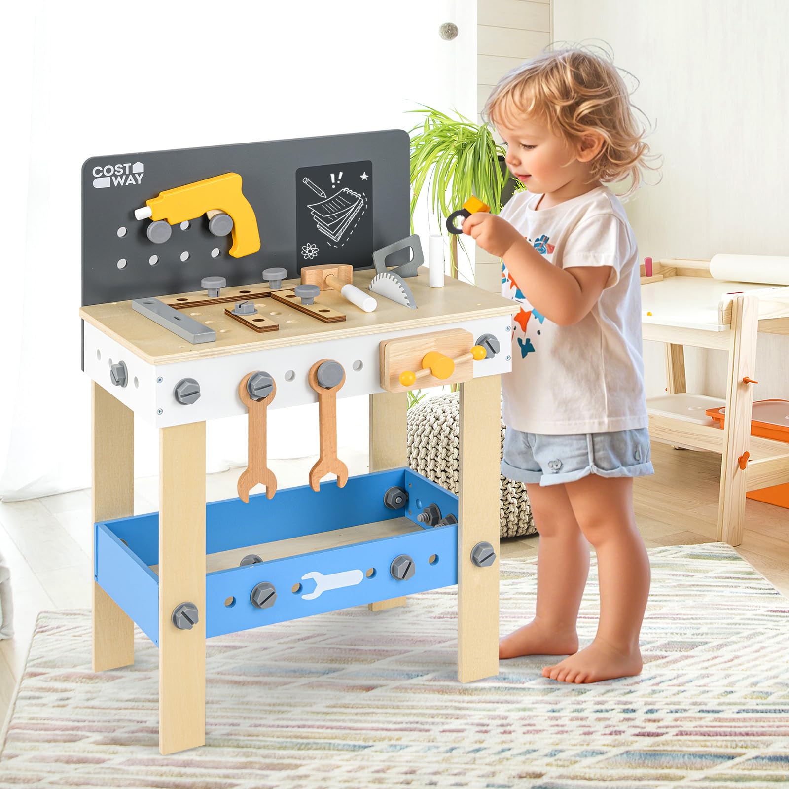 COSTWAY Banco de Herramientas para Niños, Banco de Trabajo Infantil de Madera Pequeños, Pizarra y Estante de Almacenamiento, Juego de Herramientas de Juguete Montessori para Niños de 3+ Años