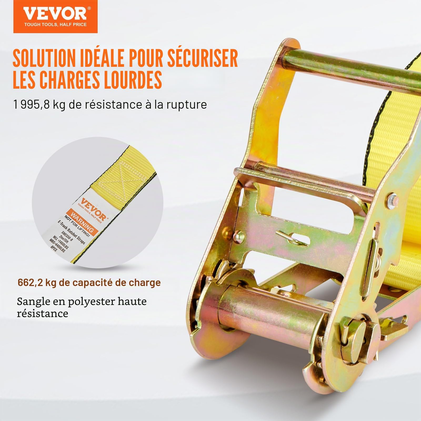 VEVOR Sangle à Cliquet Sans Fin Lot de 8 Sangles d'Arrimage E Résistance à la Rupture Maximale 1995,8 kg 0,05x4,6 m pour Sécuriser Cargaisons, Électroménagers, Équipement de Jardin, Moto, Déménagement