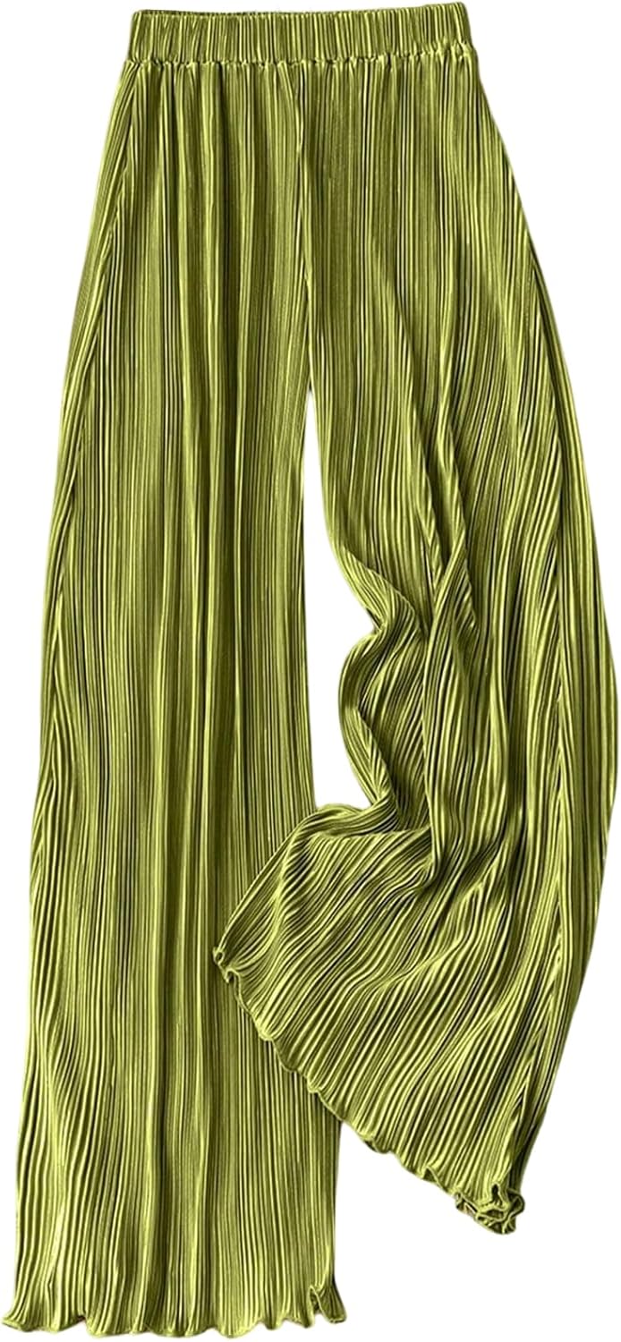 GORGLITTER Women's Silk Satin Wide Leg Pants Dressy Flowy Pleated Trousers Business Casual Work Palazzo Pants Casual