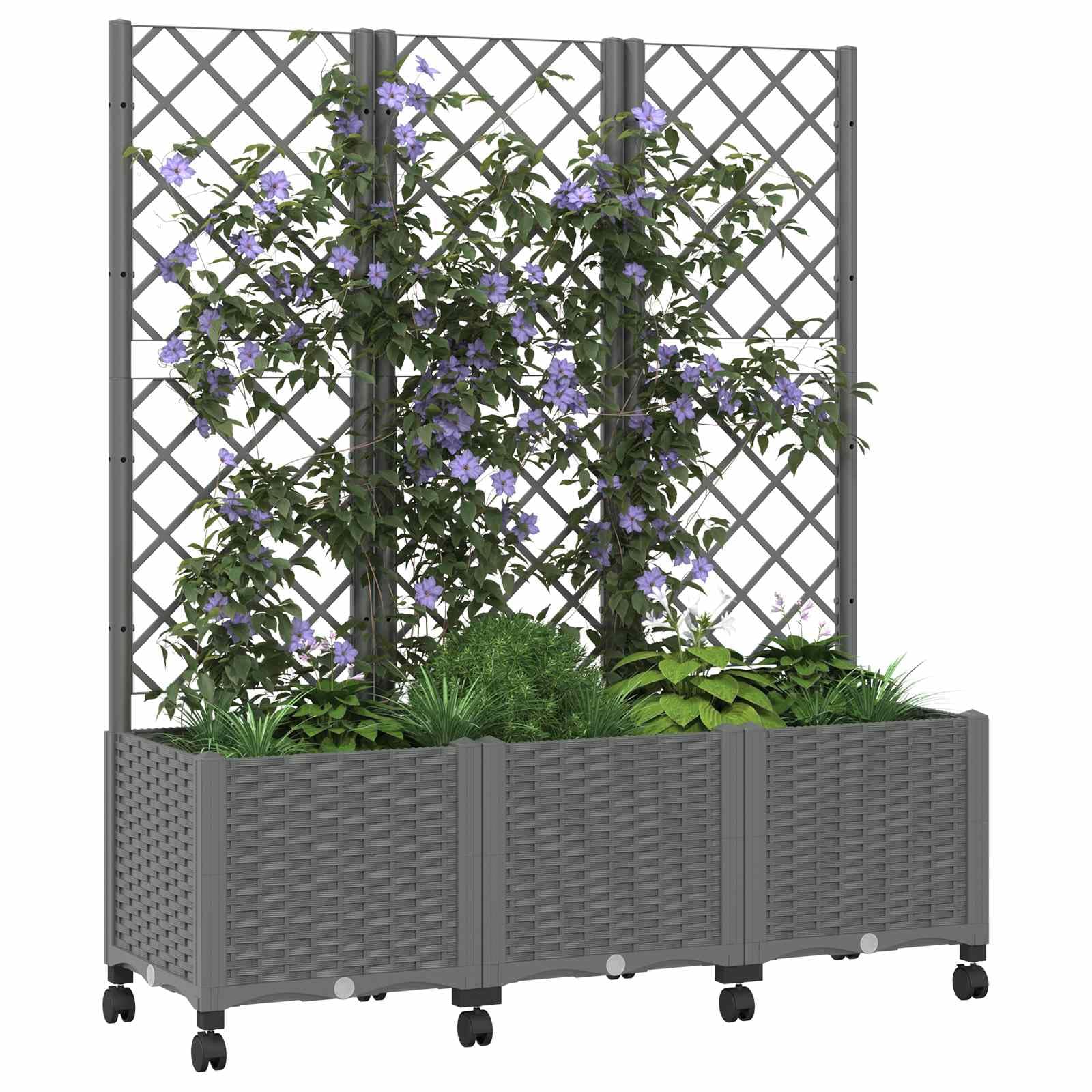 Pflanzkübel mit Spalier und Rädern Hellgrau 120 x 40 x 146 cm für Balkon Garten Terrasse, wetterbeständiger Pflanzkasten mit integriertem Gitter, Drainage, robustem Material