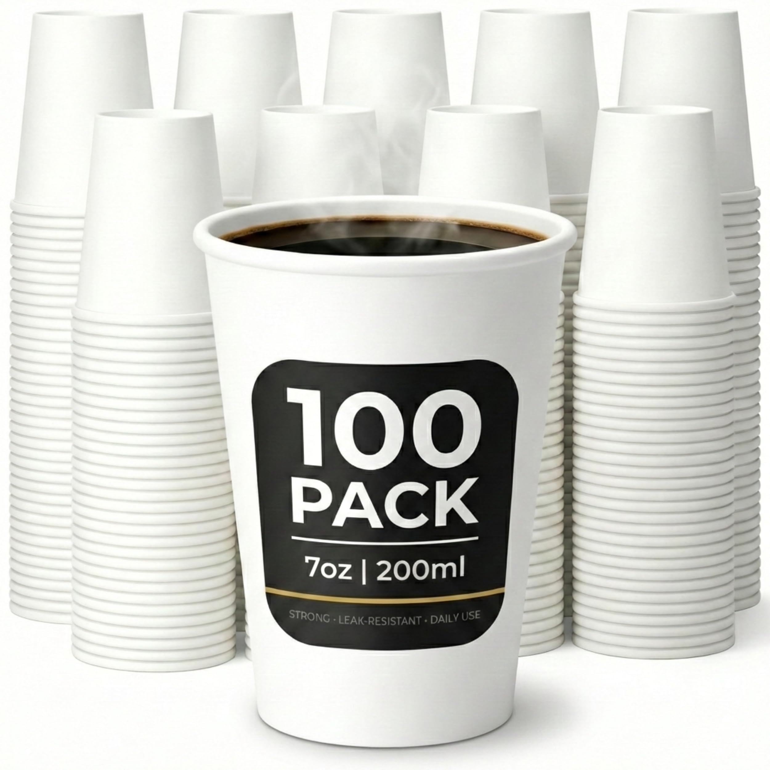 Paper Cups 7oz (200ml) – 100 Pack White Disposable Coffee Cups – Strong Single Wall Cups for Hot & Cold Drinks – Leak-Resistant, Smooth Rim – Ideal for Parties, Home, Office, Cafés & Events
