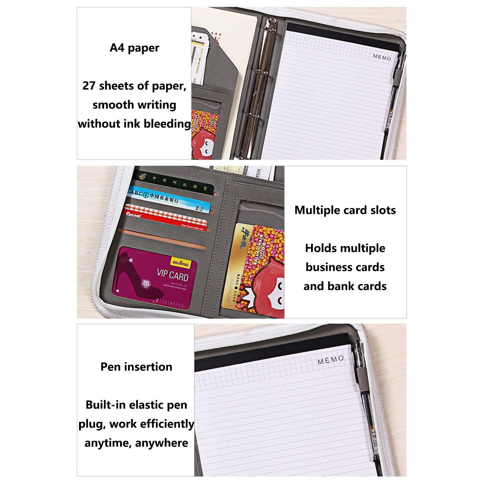 Padfolio A4 Biznesowe Portfolio Skórzana teczka konferencyjna z zamkiem błyskawicznym Osobisty organizer do pracy Podróżny segregator pierścieniowy dla mężczyzn kobiet w tym notatnik do wielokrotnego napełniania 25 arkuszy 4-pak (kolor: szary))