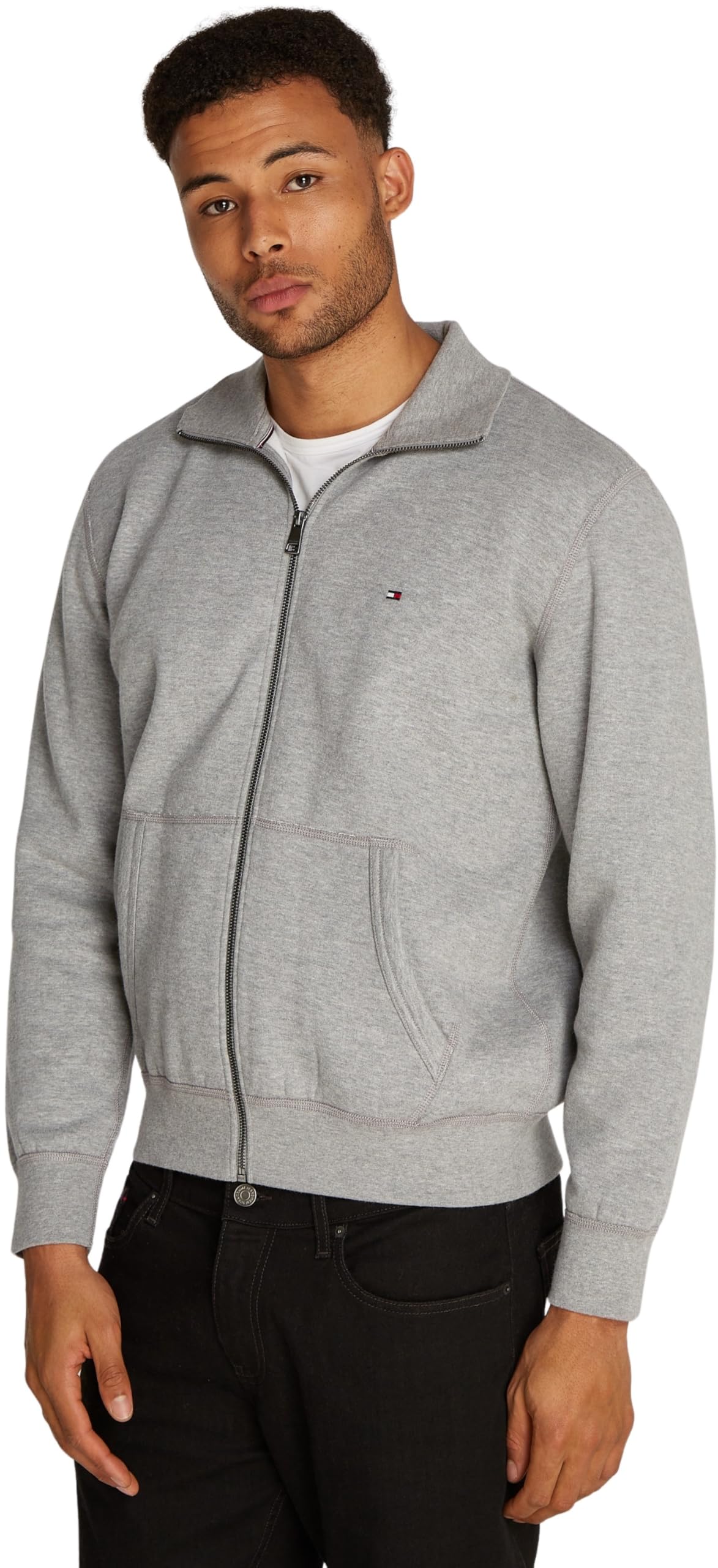 Tommy Hilfiger Men’s Essential Fleece Stand Collar Zipped Sweatshirt, Grey (Medium Grey Heather), S