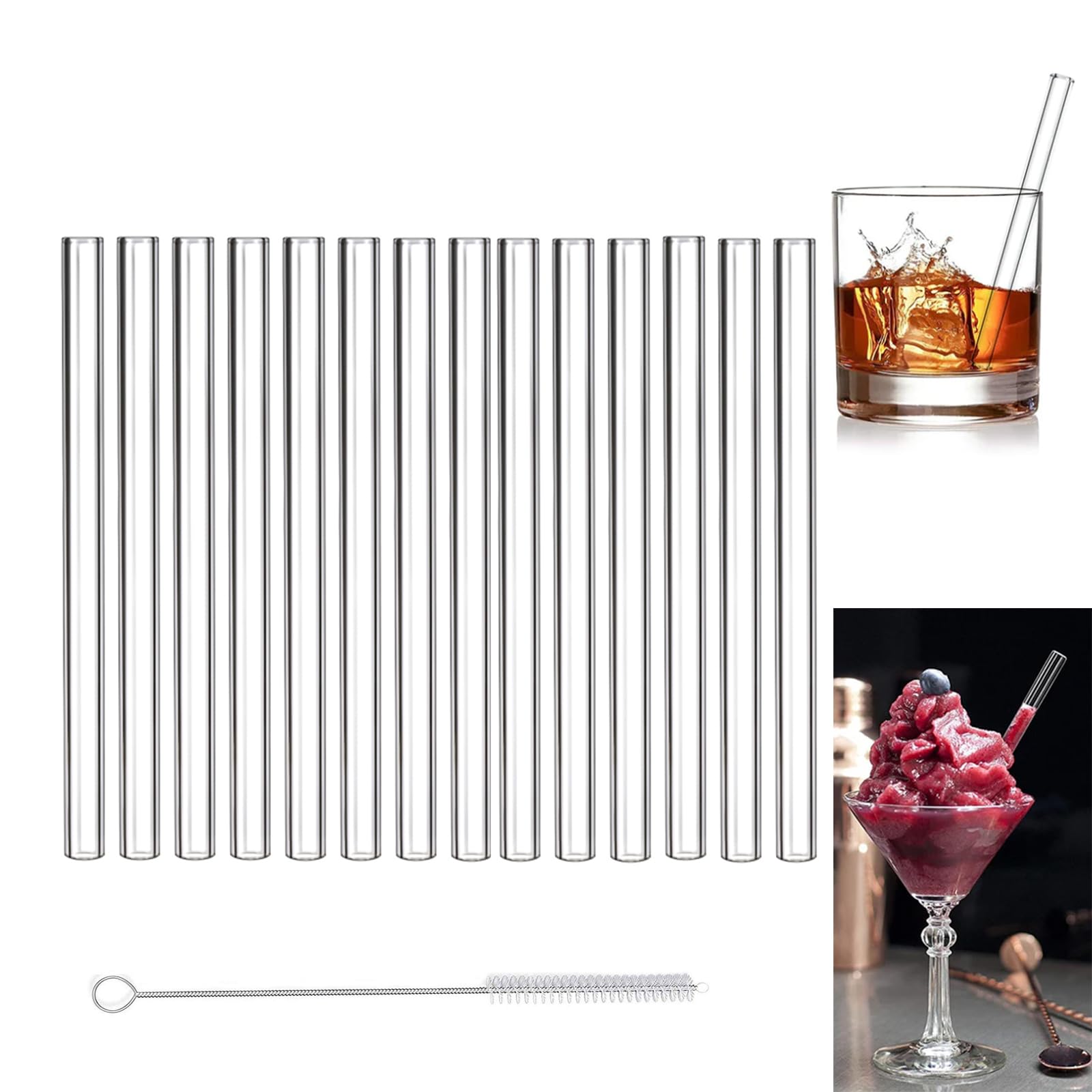 15 Pack Short Glass Straws Shatter Resistant 6 Inch 8mm - Clear Straight Glass Drinking Straws for Cocktails, Beverages & Iced Coffee - Eco-Friendly, BPA Free