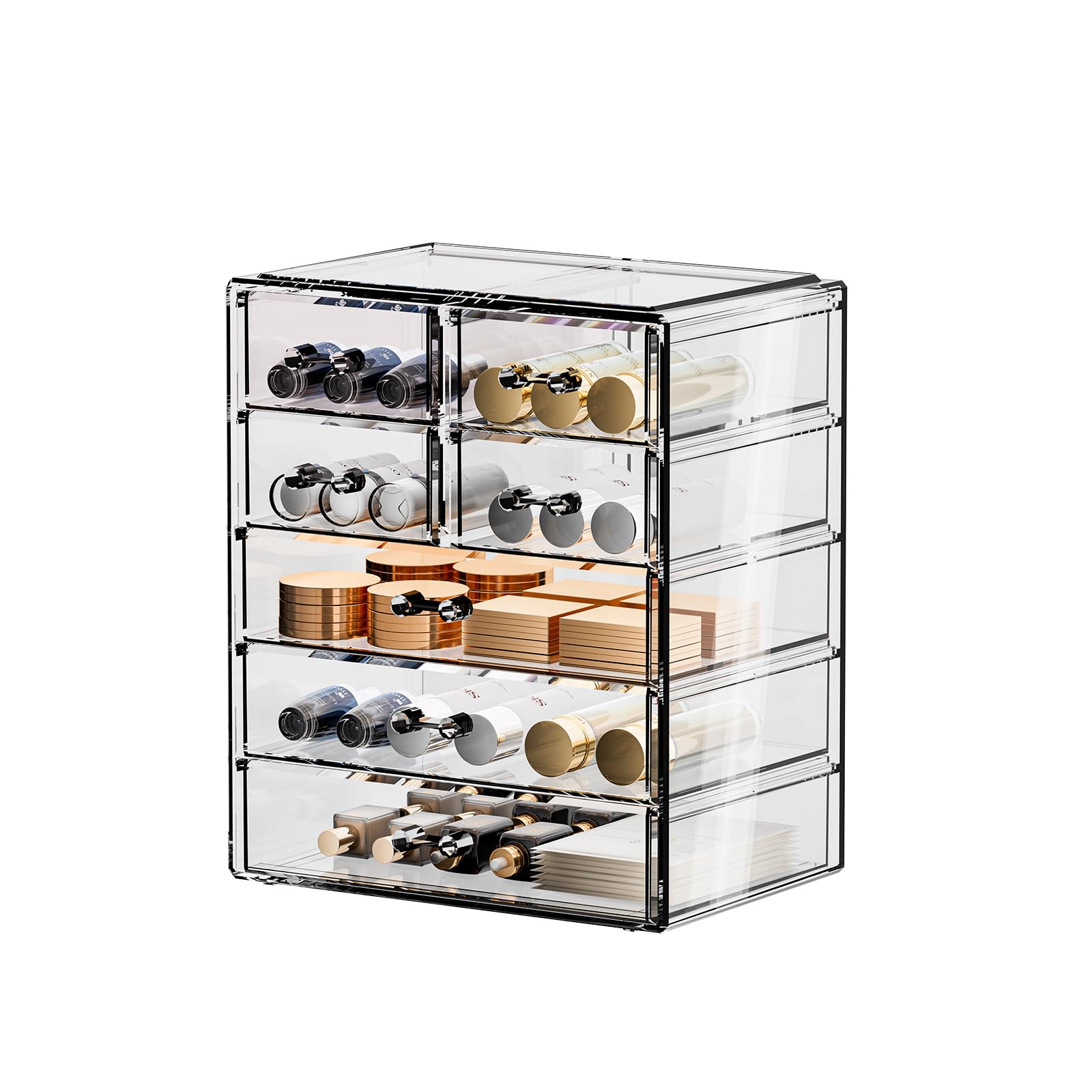 Organizador de maquillaje grande de acrílico transparente, organizador de joyas, organizador de maquillaje perfecto y almacenamiento para tocador, baño (3 cajones grandes, 4 pequeños,