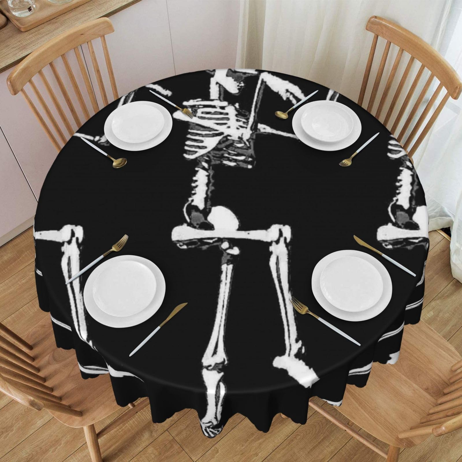 DCEHGEW 60 In Round Tablecloth with Lace, Halloween Posable Skeleton Skull Printed Oilproof & Washable Fabric Picnic Table Cloth Table Covers