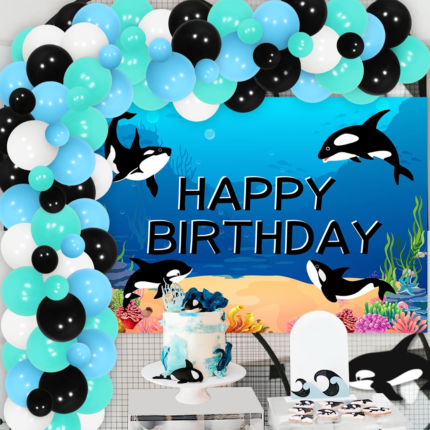 Killer Whale Birthday Party Decorations Orca Birthday Backdrop Banner Orca Birthday Party Decorations Blue Black White Balloon Garland Arch for Boy Girl Under The Sea Birthday Party Supplies