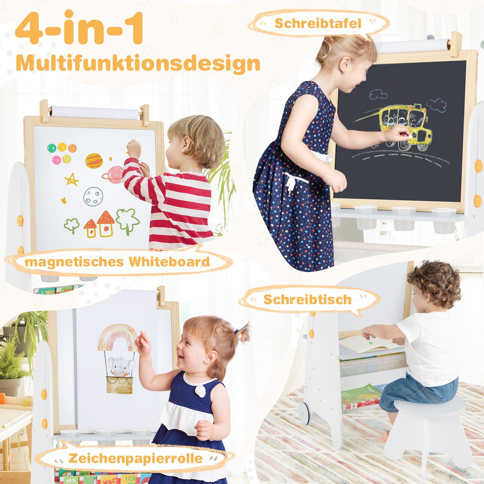 COSTWAY Kinder Staffelei mit Hocker, 4-in-1 Kindertafel mit Magnettafel, Schultafel, Bücherregalen, Standtafel inkl. Papierrolle & Zubehör, Kinderstaffelei für Kinder ab 3 Jahren