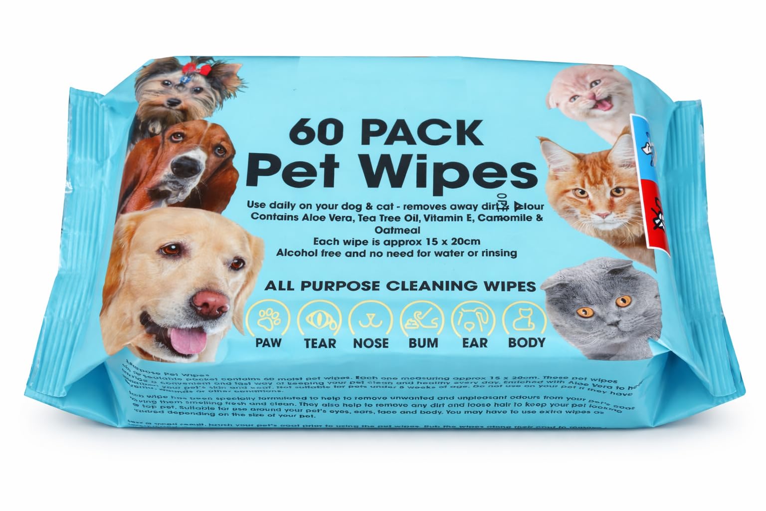 Pet Cleaning Wipes for Dogs and Cats, Alcohol Free Deodorizing Multi-Purpose Cleaning Pet Wipes Pack of 60 (60 WIPES)