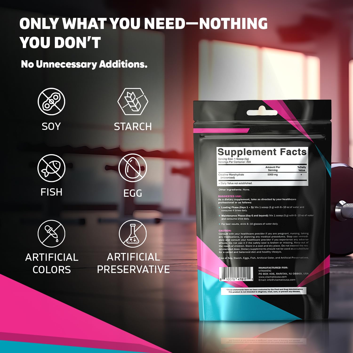 Vitamatic Creatine Monohydrate Powder – 5000 mg Per Serving, 1 kg, Unflavored, Micronized Creatine Supplement, Vegan, Non-GMO, Gluten Free — Amazon image 4