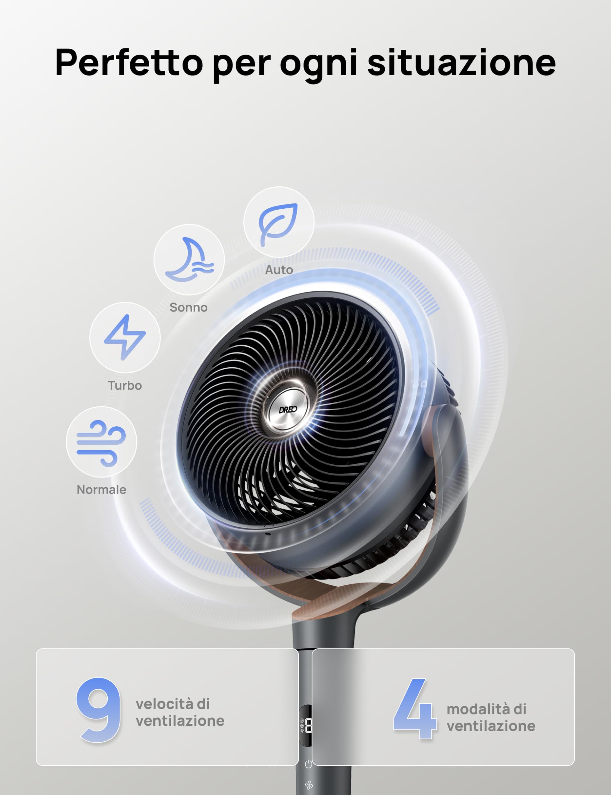 DREO ventilatore a piantana ultra silenzioso con telecomando, ventilatore 20 dB con motore CC, oscillazione 120°, 3 modalità, altezza regolabile 94–107 cm, ventilatore da pavimento TurboPoly™ 512