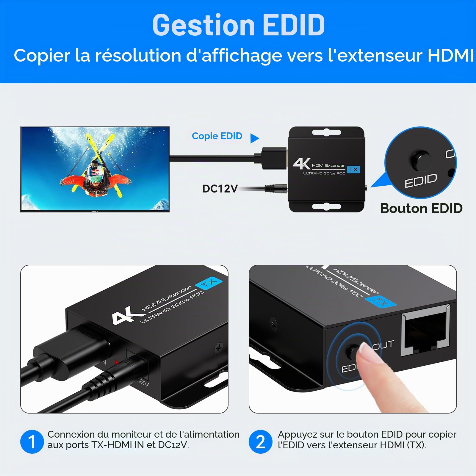 VEDINDUST 4K30HZ Extender HDMI Over Ethernet 131FT 40M Adaptateur sur Cat 5e 6 7 8 Support EDID 1080P POC 3D pour Lecteur PS4, PS5, Sky, Xbox, HDTV