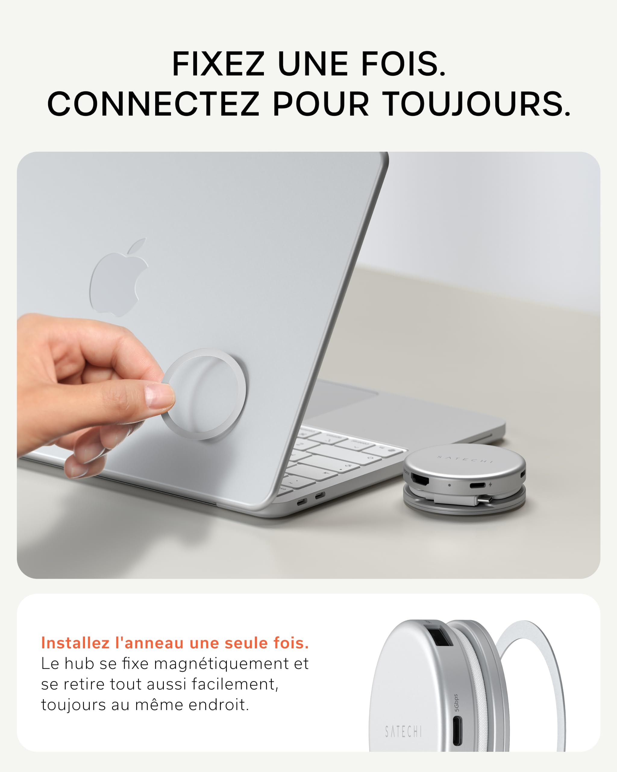 SATECHI OntheGo Hub USB C Magnétique 5 en 1, PD 60W, HDMI 4K, Argent | Câble enroulable intégré, fixation magnétique, 4K@60Hz, lecteur SD, USB-C/USB-A 5Gbps, pour MacBook, iPad, Windows et plus