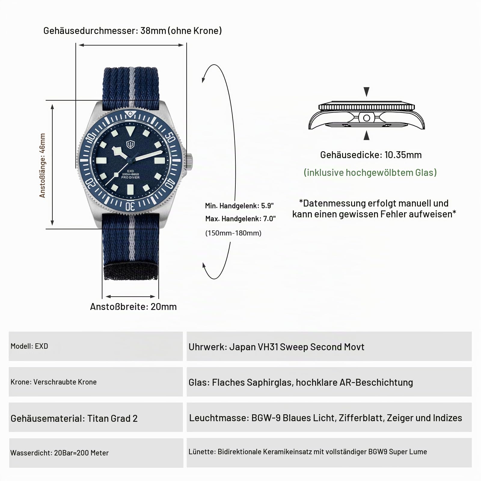 watchdives EXD VH31 Taucheruhr mit Zentralsekundenwerk, 38 mm, Titan-Armbanduhr mit Flachem Saphirglas, Luxusuhren, Armbanduhr für Herren, 200 m Wasserdicht