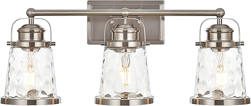 Luces de tocador de baño, apliques industriales vintage de 3 luces, iluminación de pared con pantallas de vidrio martillado, lámparas rústicas de