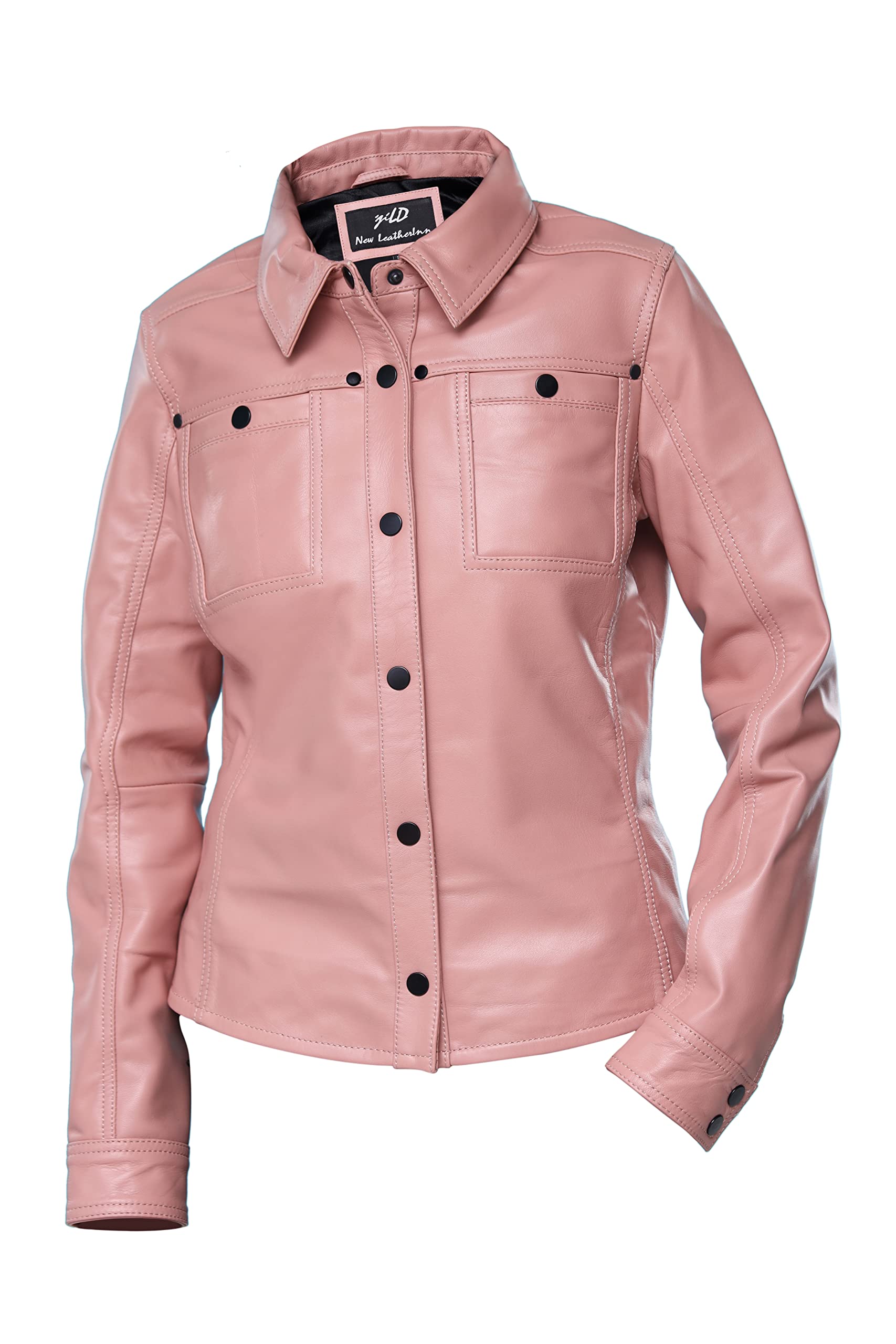 Womens Button Front Lambskin Leather Jacket Shacket - Casual Shirt Long Sleeve Leather Jacket Women with Bust Pocket