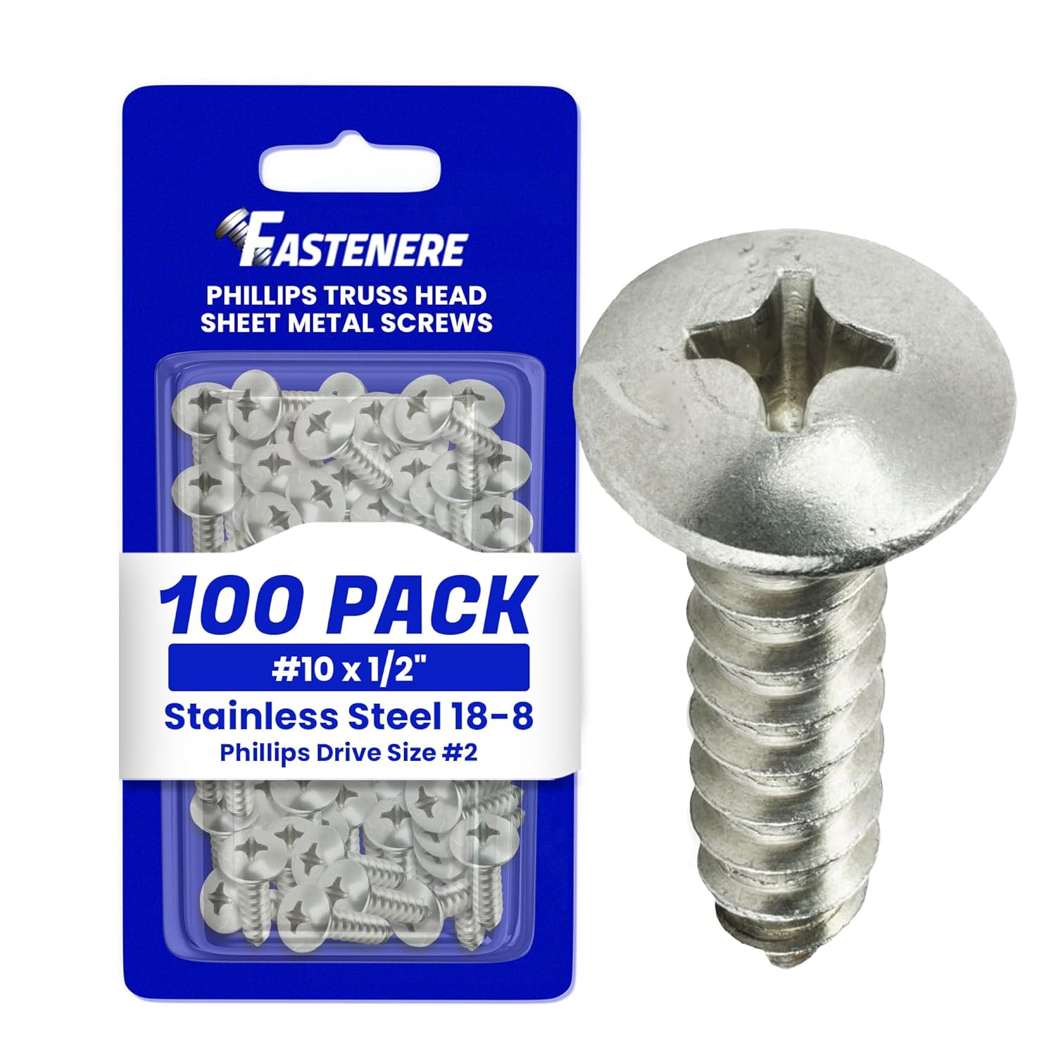 #10 x 1-3/4" Truss Head Sheet Metal Screws, Full Thread, Phillips Drive, Stainless Steel 18-8, Bright Finish, Self-Tapping, Quantity 50 Pieces by Fastenere