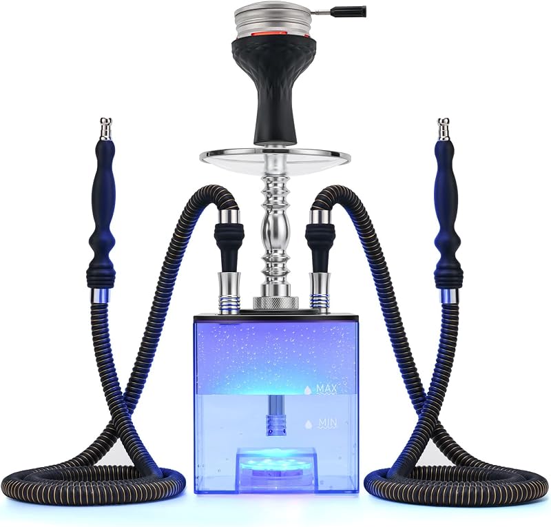 Hookah Set with Everything - Kitosun Updated Cube Modern Shisha include Vulcan HMD Silicone Phunnel Bowl Silk Pipe Coal Tongs Remote LED Light for Great Smoking | Easy Cleaning Easy Inhale 2 Hoses