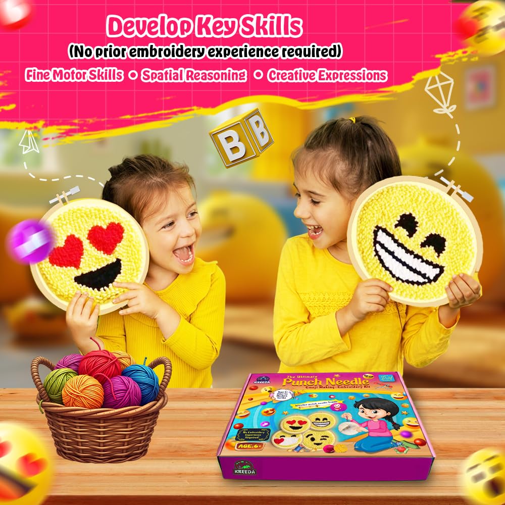KREEDA DIY Punch Needle Art Kit Beginners, Emoji Embroidery DIY kit, with a Wooden 10*10' X Inch 4 designs printed monk clothes Woolen Yarns. Gifts for Girls & Boys Ages 6, 7, 8, 9, 10, 11, 12 (Punch Needle Emoji) 4