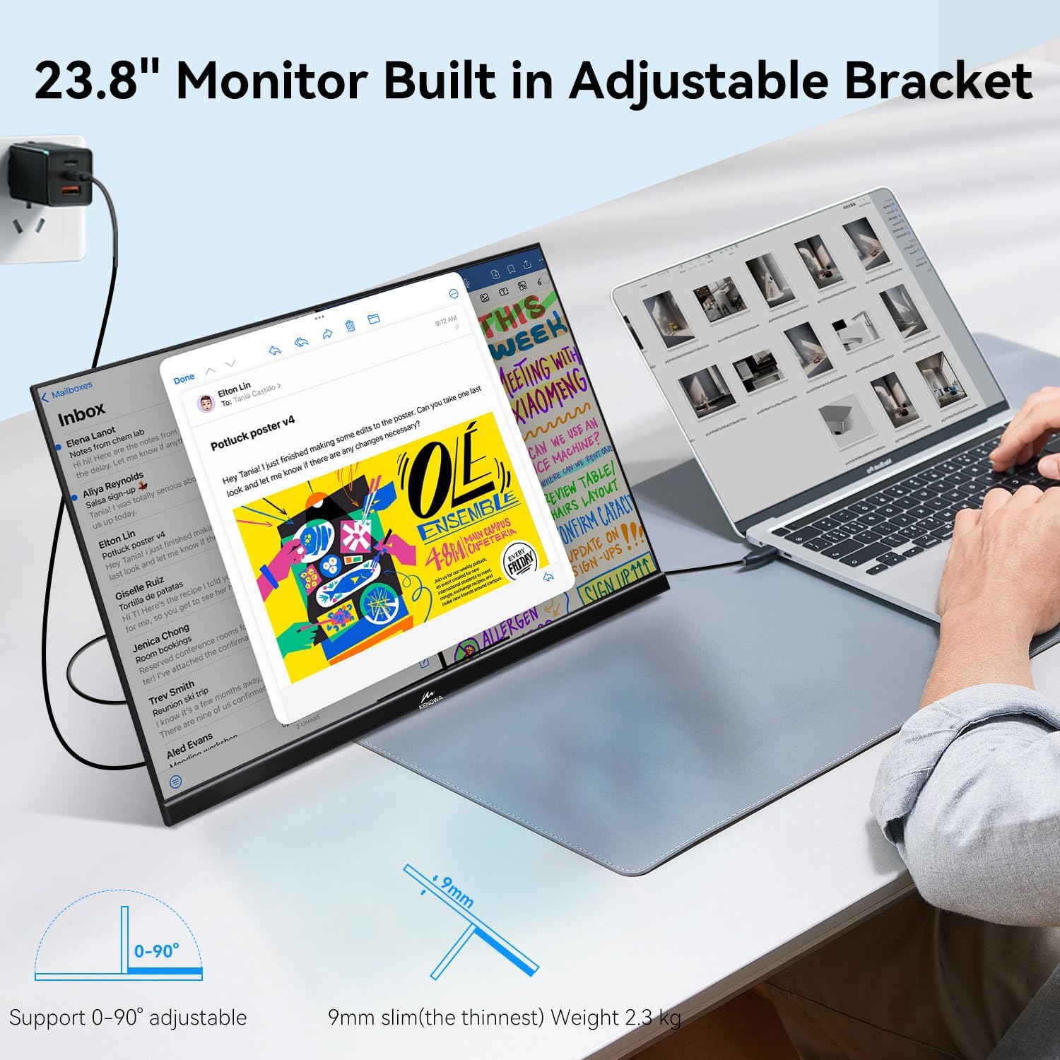Kenowa 23.8" Large Portable Monitor 100Hz IPS FHD 1080P Freesync USB-C HDMI Gaming Monitor, External Display Dual Speakers Adjustable Stand for PC,Laptop,Mac,Phone,Game Consoles
