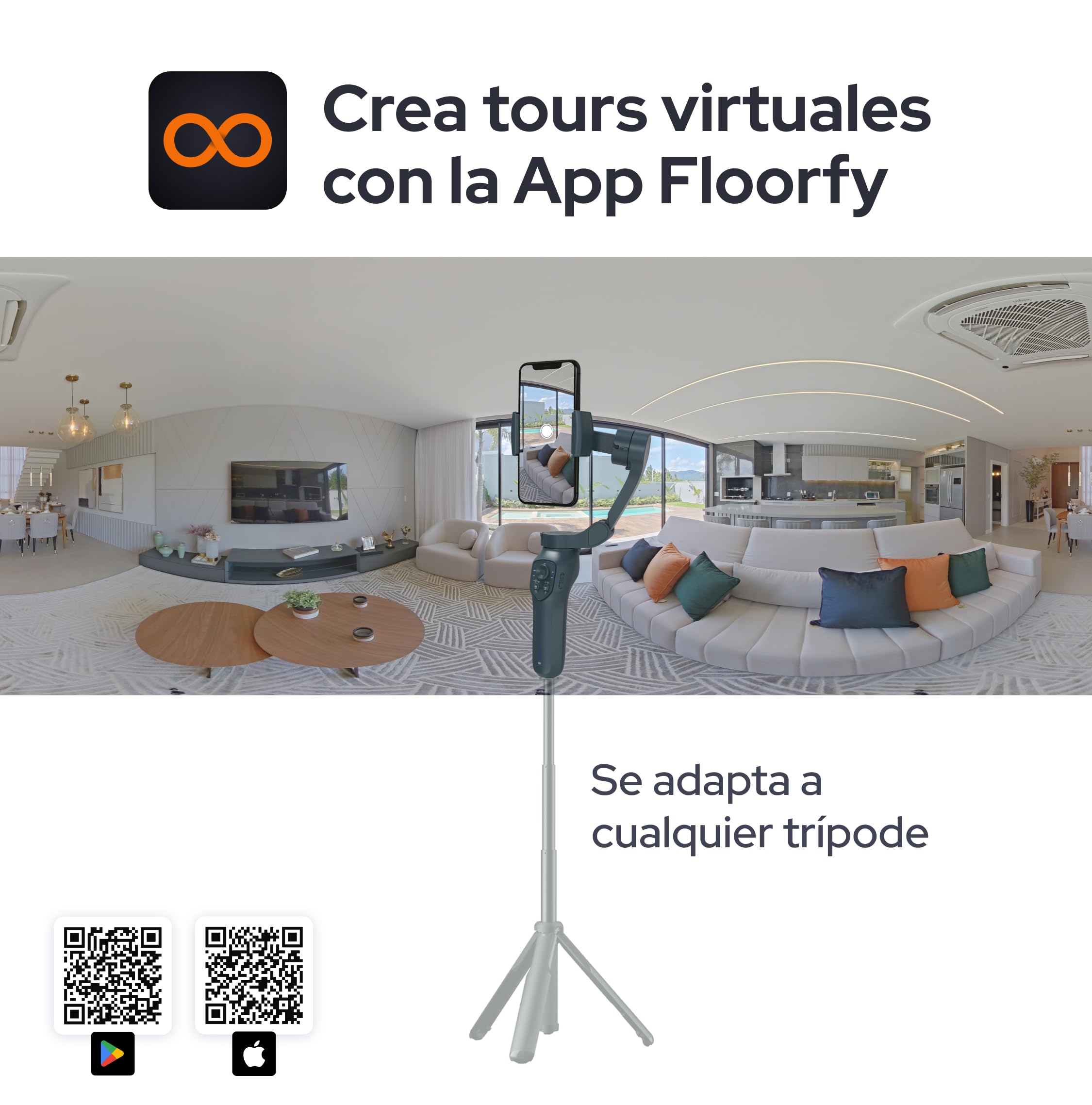 GYRO Floorfy. Estabilizador Inteligente de Tres Ejes para teléfonos, Brazo Extensible Integrado, para Android y iPhone. CREA Tours virtuales con la App de Floorfy