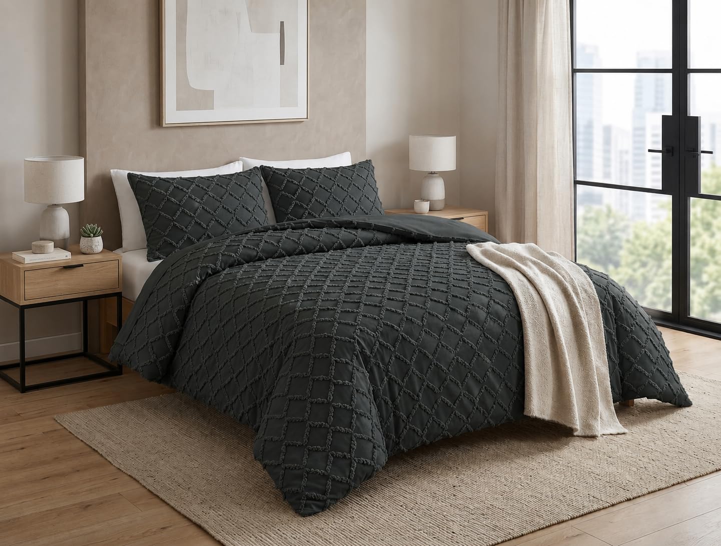 Luxury Dark Grey Tufted Duvet Cover Super King Set 3Pcs Bedding Pillowcases