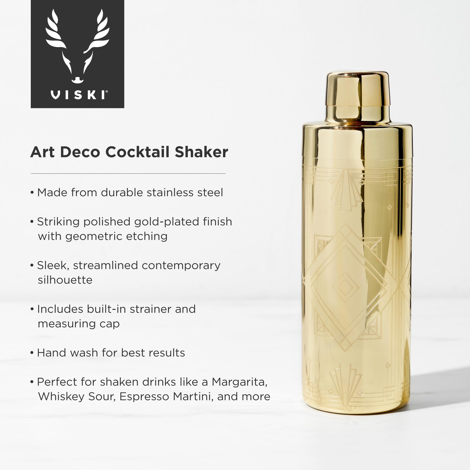 Viski Art Deco Gold Cocktail Shaker, 24 oz Etched Stainless Steel Shaker With Strainer & Gold Finish