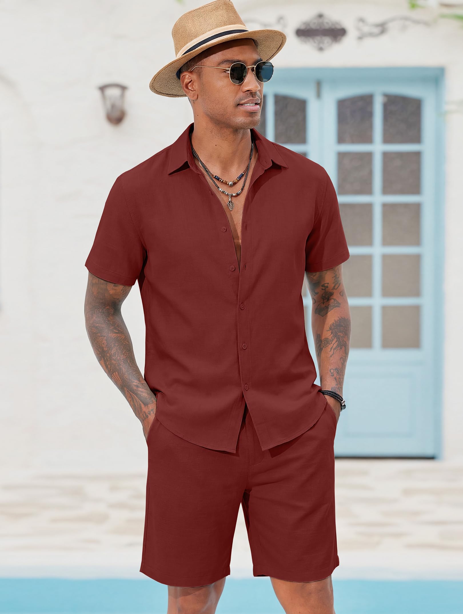 COOFANDY Set da uomo 2 pezzi in cotone e lino, a maniche corte, con bottoni, estivi, pantaloncini da spiaggia, abbigliamento casual