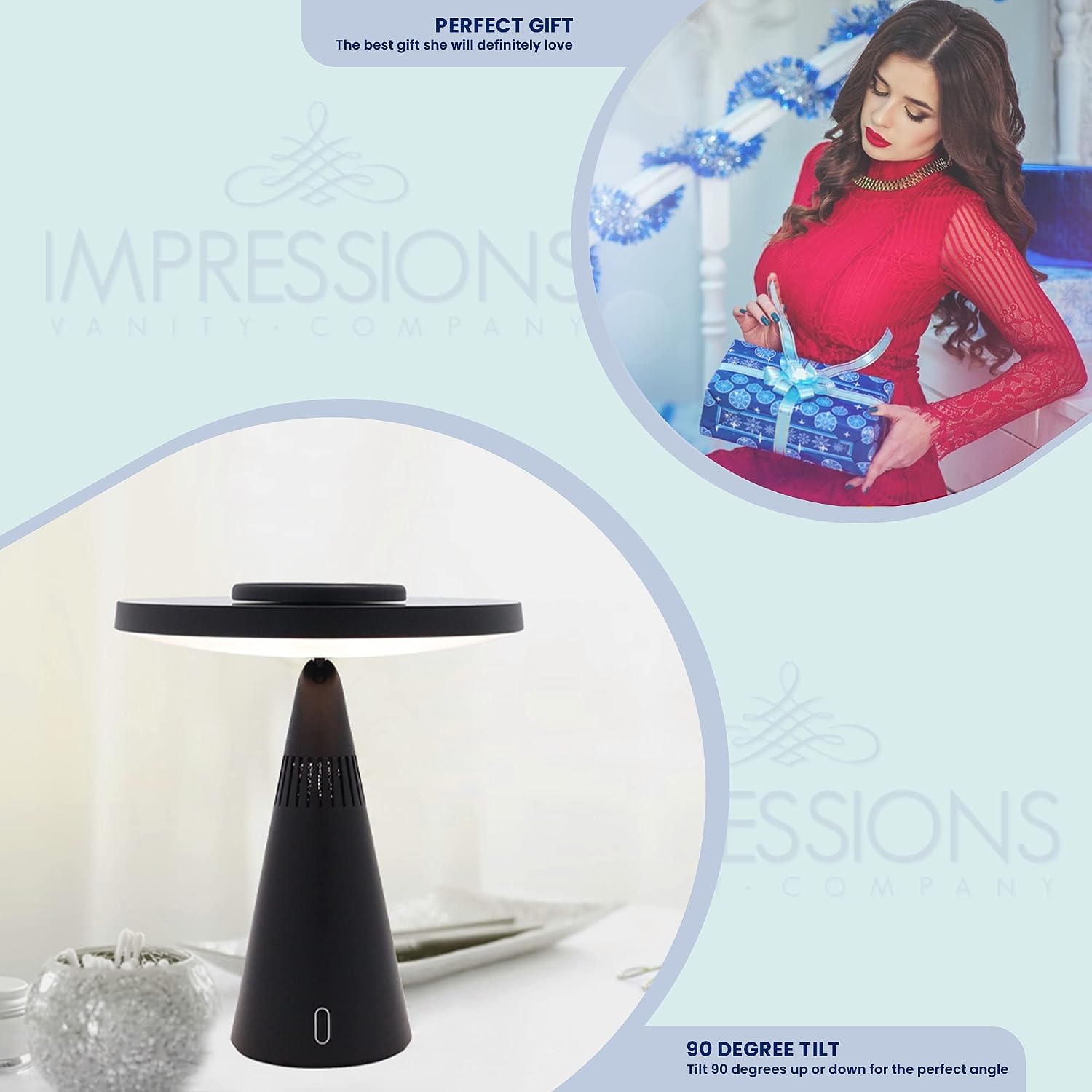 Get Special Price Impressions Luna Makeup Mirror and Night Lamp with Bluetooth Speaker, Magnify 5X Mirror with USB Charger and LED Light Strip, Rose Gold
