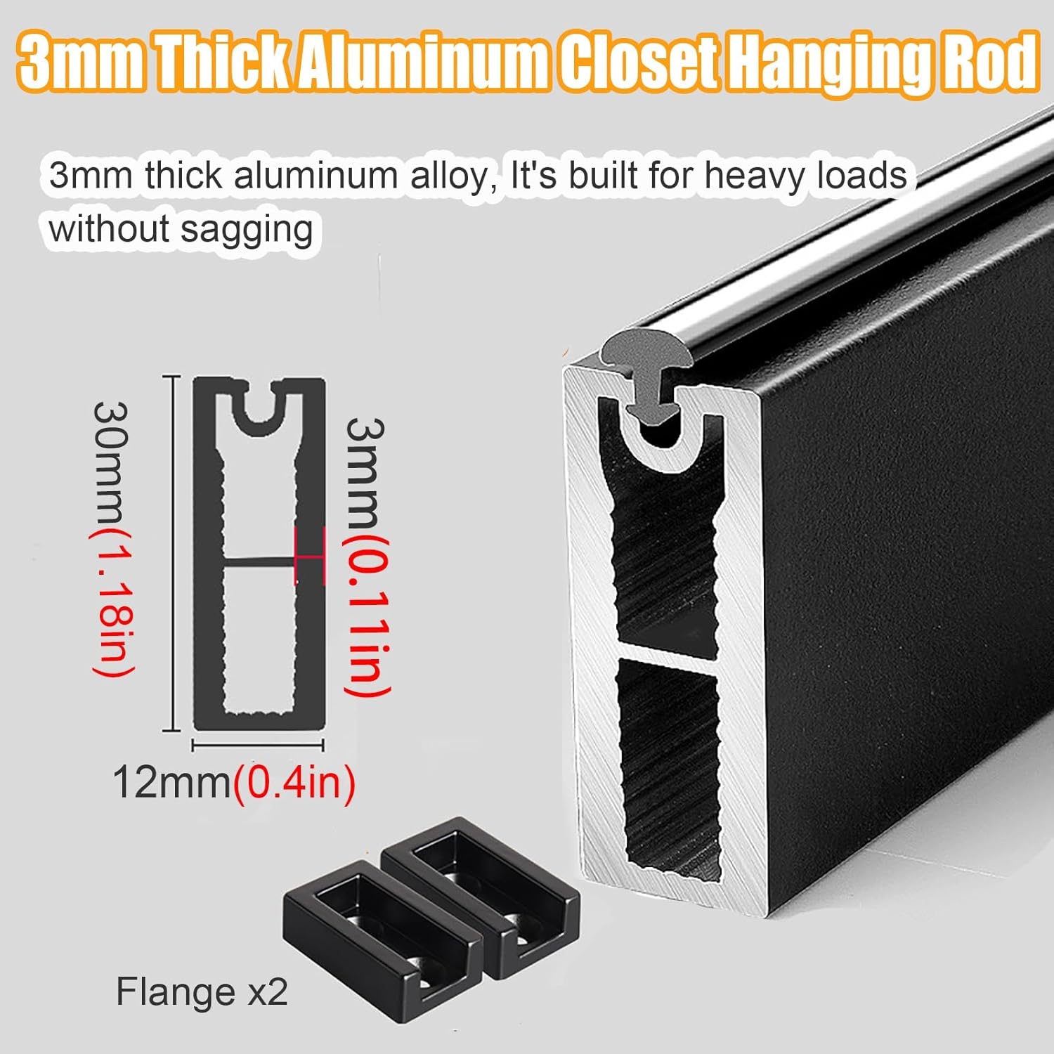 Removable Black Closet Rod Support Pack of 2, Quiet Wardrobe Hanging Tube for Home Coat Closet, Clothing Rack Rail with Accessories(58in/147.3cm)