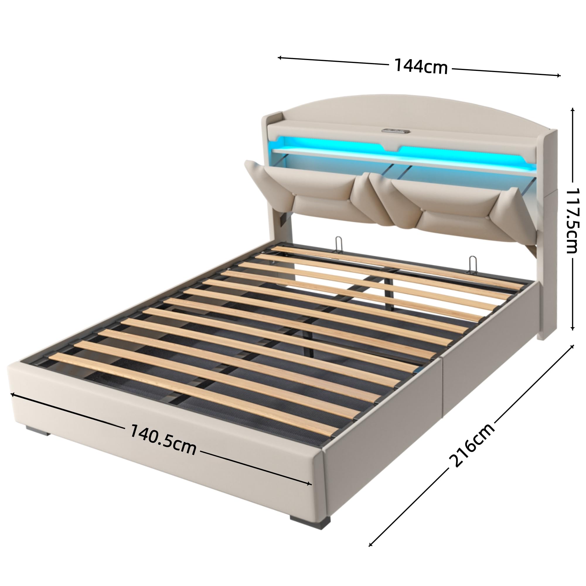 Letto Matrimoniale con Contenitore 140x200 cm, Letti Matrimoniali con LED, USB e Type-C, Letto Contenitore Idraulico, Letti Matrimoniali con Doghe, Beige Lino, Senza Materasso