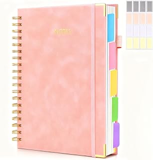 Hardcover Spiral Notebook Journal with Removable Dividers Tabs, 300 Pages Leather Hardcover Spiral Notebook College Ruled, 8"x10" Large B5 Notebooks for Work School, Lined Journal for Women, Pink