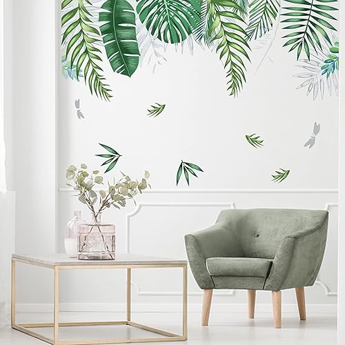Miniatura 4 de KALYLOC - Adhesivos de pared con hojas de palmera tropicales verdes, impermeable, plantas verdes tropicales, despegar y pegar, decoración de pared