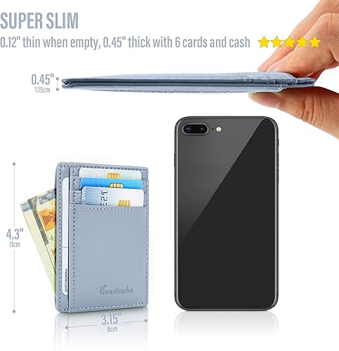 Miniatura 22 de Travelambo billetera mediana y minimalista de cuero para bolsillo frontal, con bloqueo de interferencia de radiofrecuencia, Verde, Minimalista
