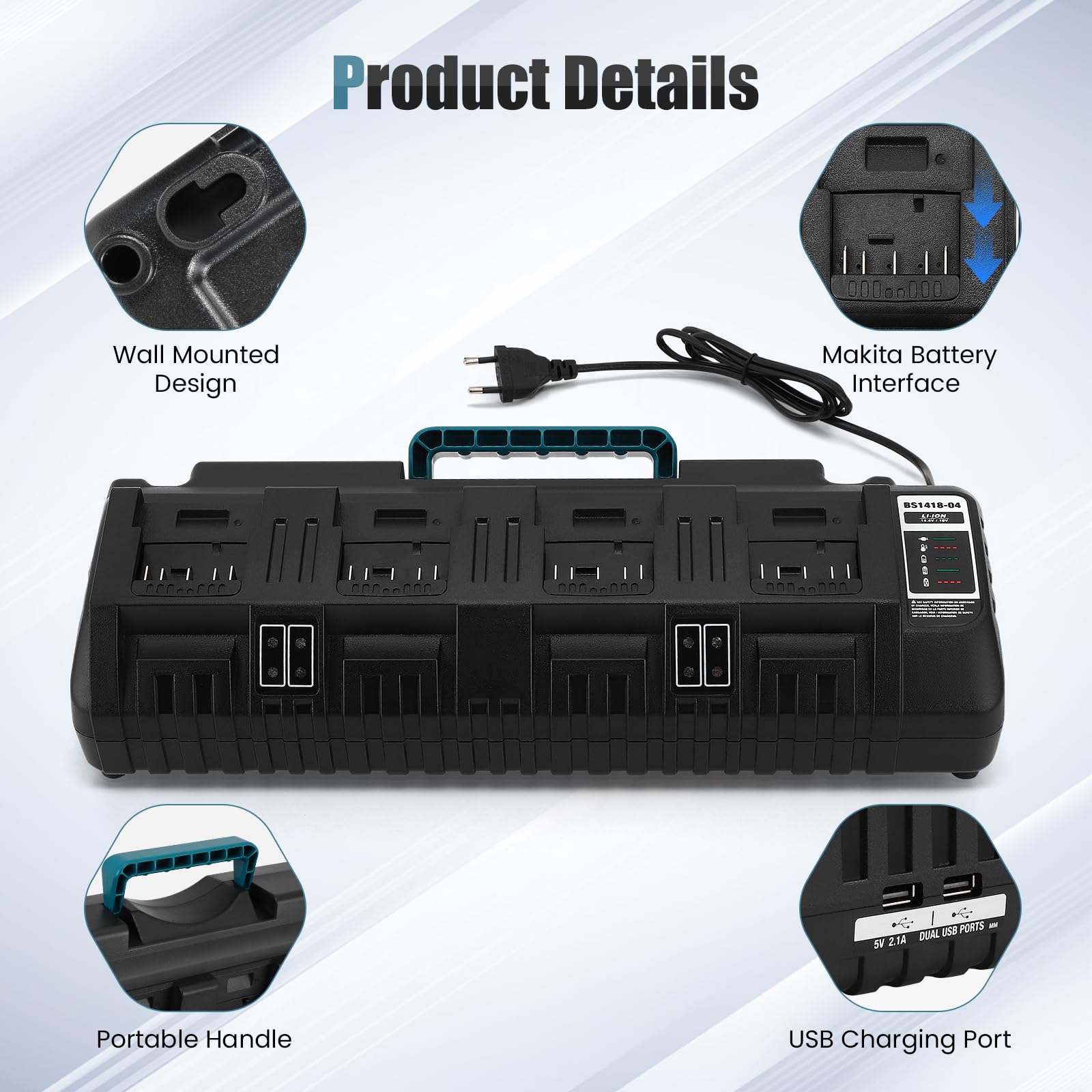 Cargador de 4 Puertos con Dos Puertos USB, Compatible con baterías de Iones de Litio Bosch de 14,4 V a 18 V, BS1418-04, con indicador LED y protección de Seguridad.