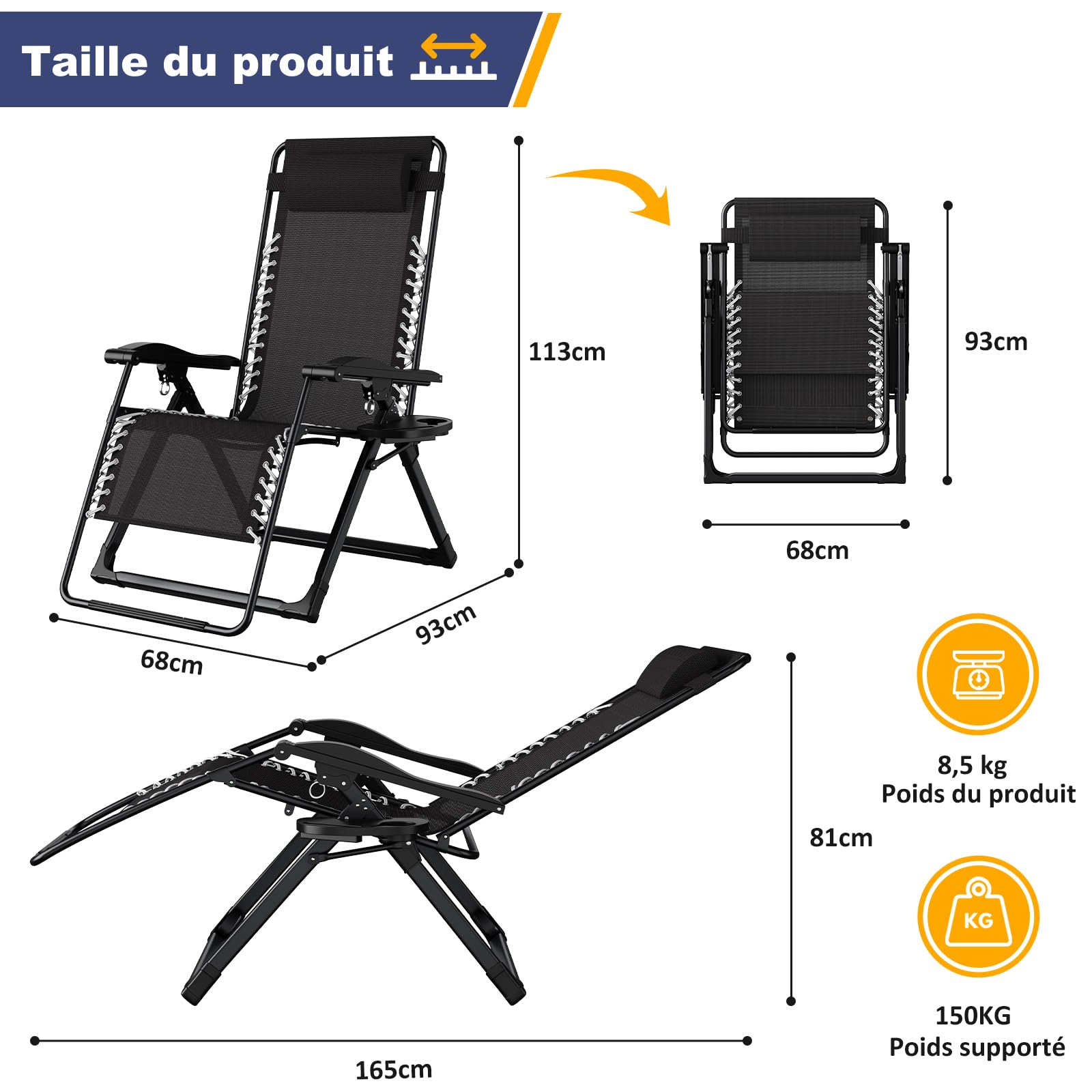 Dripex Chaise Longue Jardin Exterieur, Transat Support 150kg - Noir | Pliante Inclinable, avec Plateau, Tête Amovible