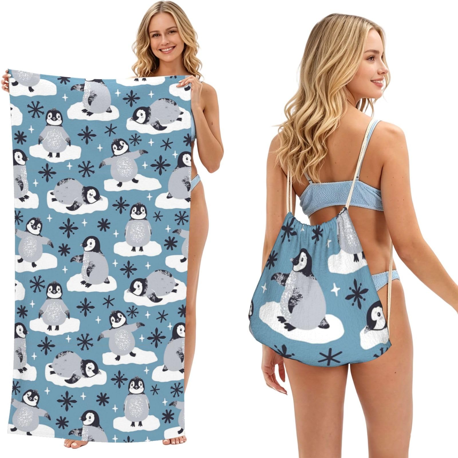 Poadnly As Picture Cute Penguins And Snowflakes, 2 In 1 Packable Towel Bag, Beach Towels With Drawstring Backpack For Travel Holiday Camping