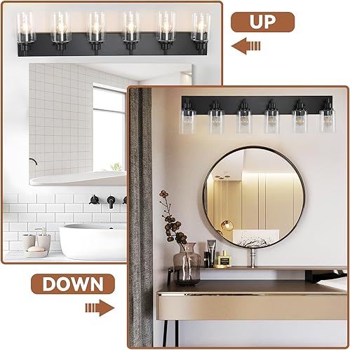 Miniatura 5 de LOUSACE Lámpara de tocador de baño de 6 luces, lámparas de baño negro mate sobre el espejo, iluminación moderna de baño con pantalla de vidrio