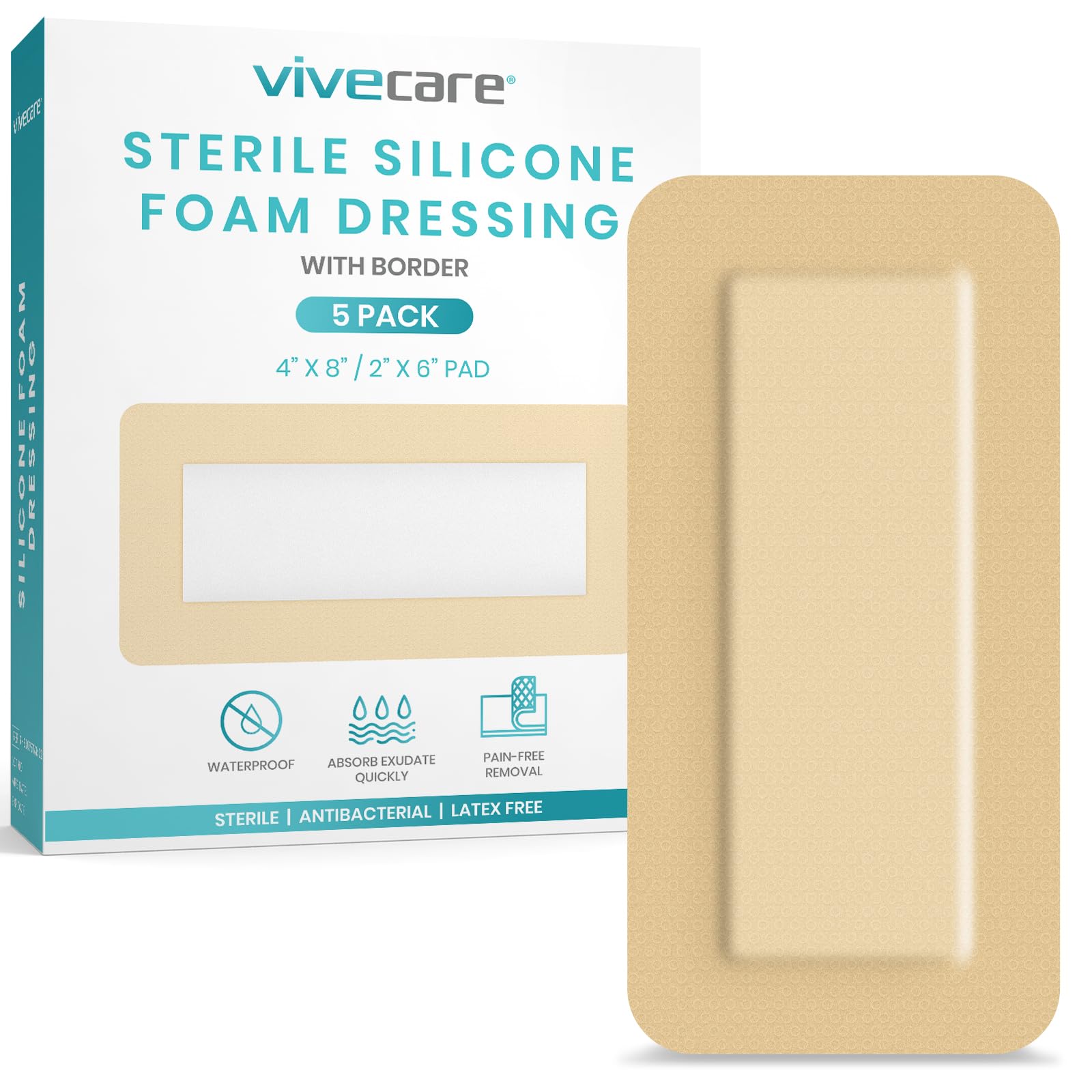 ViveCare Silicone Foam Dressing 4x8 with Border Adhesive - Bed Sore Bandage Foam Wound Dressing - Silicone Bordered Foam Dressing with Adhesive Border - Pressure Sore & Ulcer Wound Patches (5 Pack)