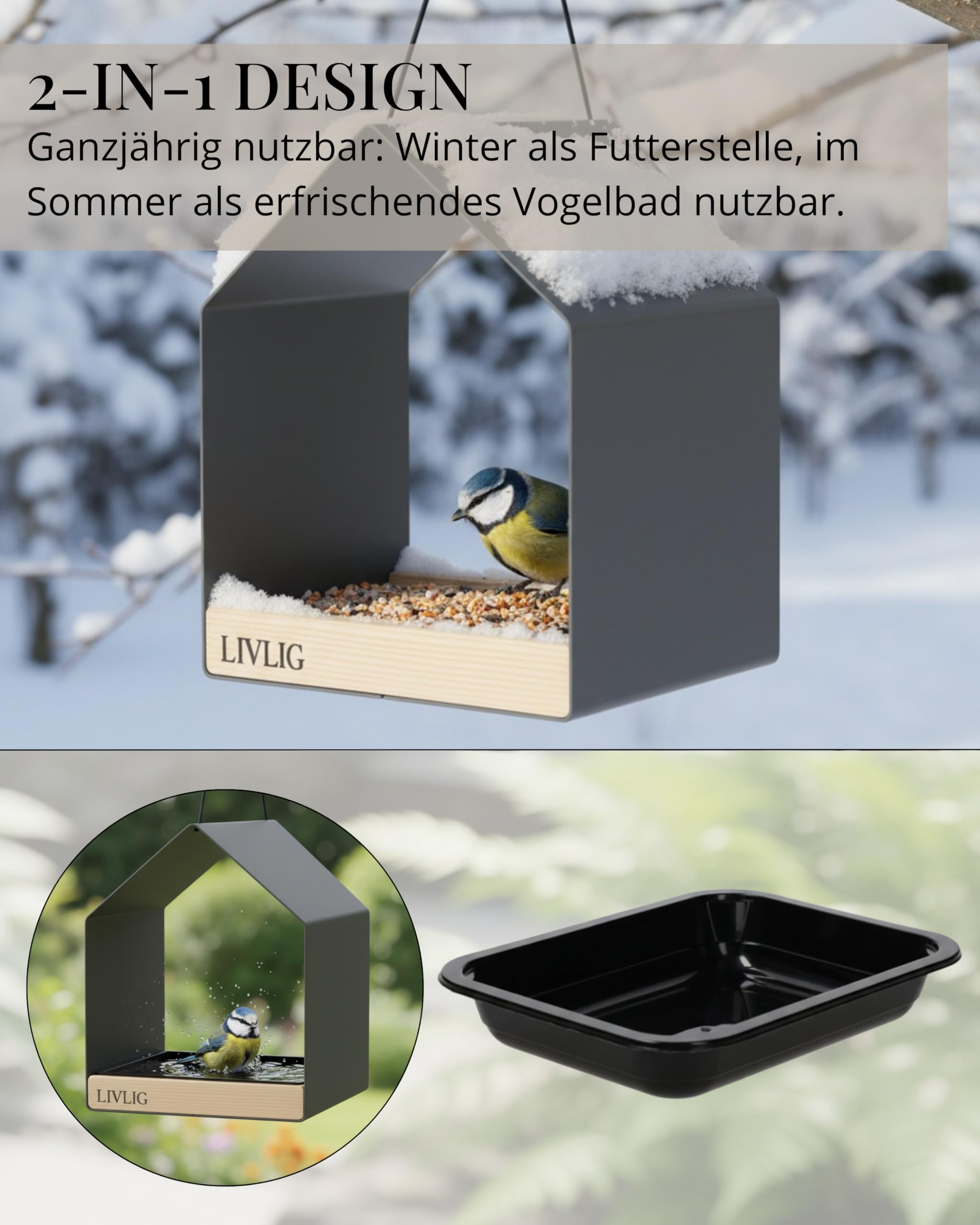LIVLIG Vogelhaus Metall – 2in1 Vogelfutterhaus & Vogeltränke, Design Vogelhaus zum Aufhängen, wetterfestes Futterhaus für Vögel ganzjährig, Futterspender Vögel, Anthrazit