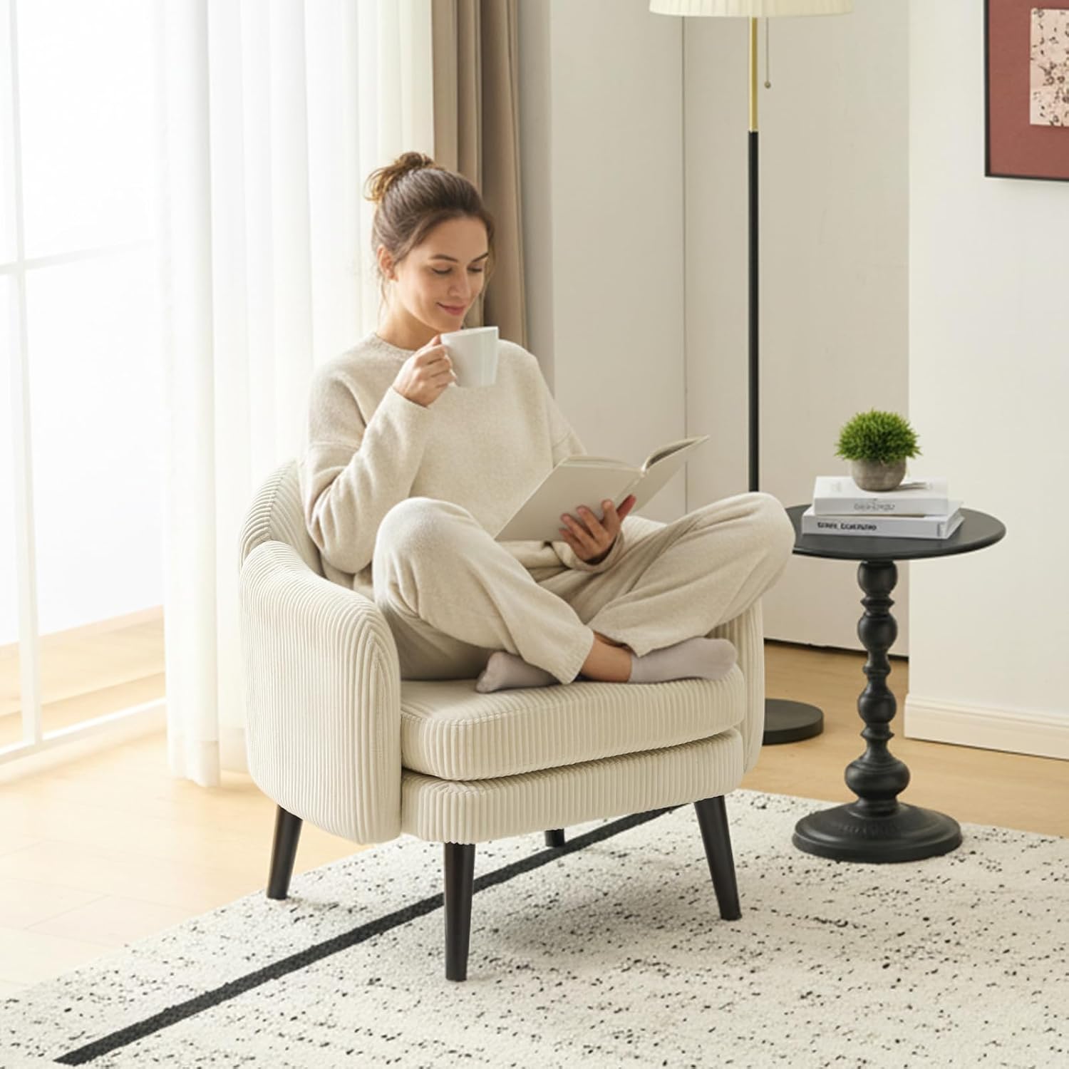 VINGLI 30.3" Wide Modern Barrel Accent Armchair with Track Armrest, Solid Wooden Legs, Comfy Upholstered Club Chair, Round Single Home Sofa for Living Room, Bedroom, Reading Room, Corduroy Beige