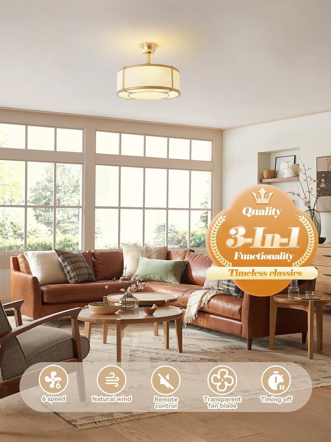 Gold Fandelier Ceiling Fan with Light,20inch Caged Fandelier Ceiling Fans with Lights and Remote Control, Gold Boho Fandelier with 6 Speeds for Bedroom,Nursery,Foyer,Dining Room,Living Room,