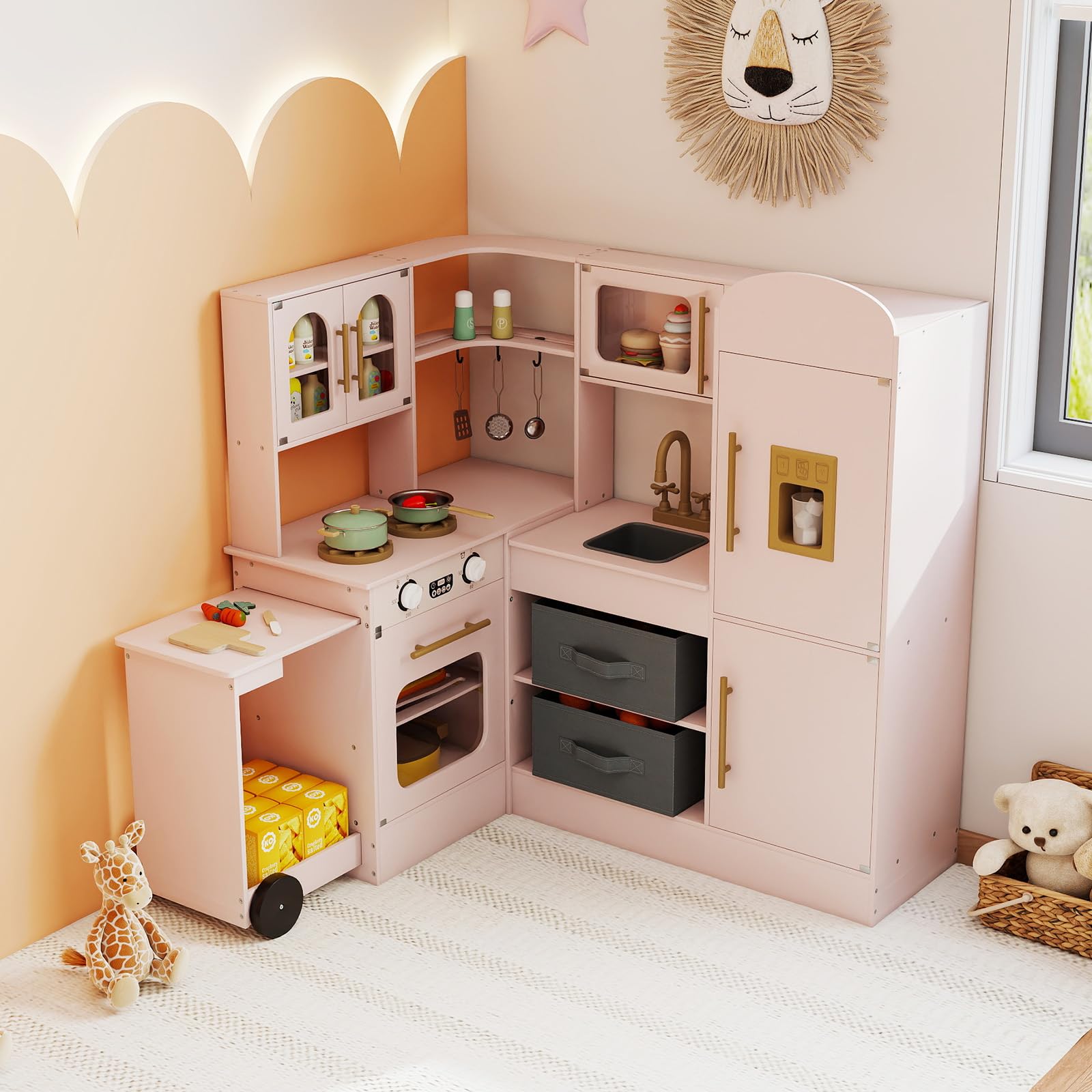 COSTWAY Kinderküche mit Licht und Sound, Eck Spielküche mit ausziehbarer Arbeitsplatte, Spüle, Herd, Ofen & Kühlschrank, Spielzeugküche inkl. Zubehör & Stoffkörben, für Kinder ab 3 Jahren (Rosa)