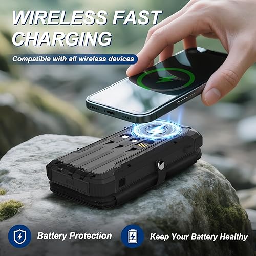 Miniatura 4 de Cargador portátil de 20000 mAh, banco de energía solar integrado, 3 cables y batería de carga inalámbrica compatible con iPhone, Samsung, IPX5