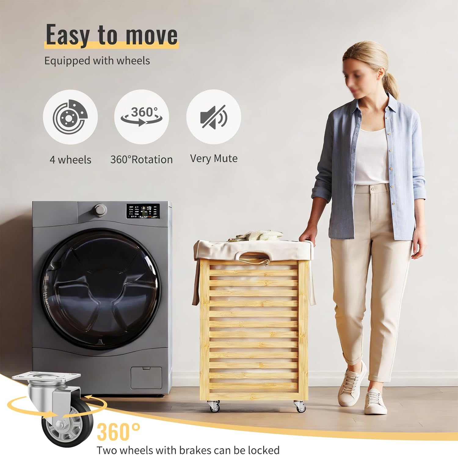 Laundry Hamper with Wheels,Rolling Laundry Basket with Removable Bag,Bamboo Clothes Hampers with Handles for Clothing, Bathroom, Bedroom, Laundry Room (Natural)