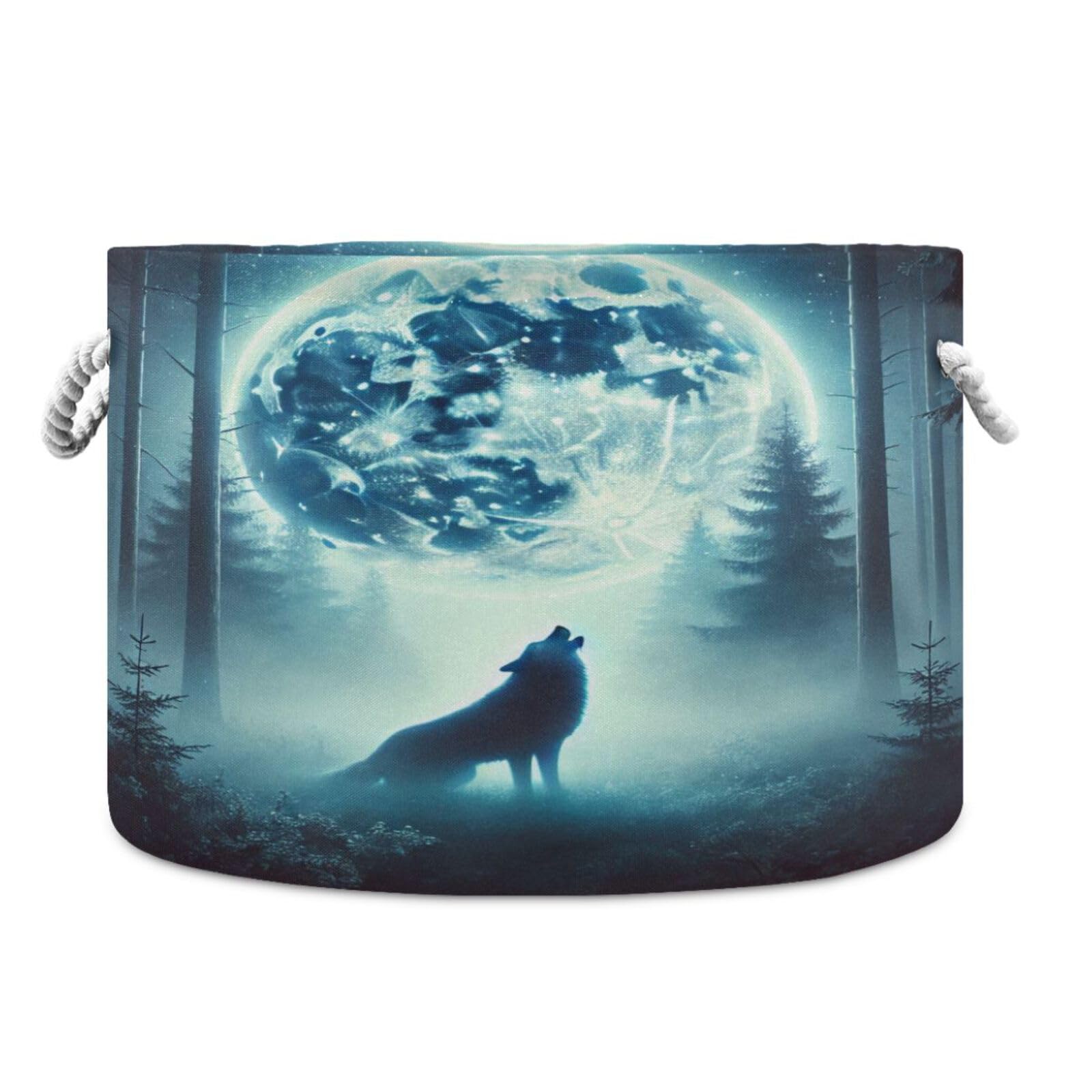 Wolf Moon Dark Blue Storage Basket Large Foldable Toy Blanket Basket Storage Organizer Bin Baby Laundry Basket Hamper with Handle for Home Living Room Bedroom Decor Kids