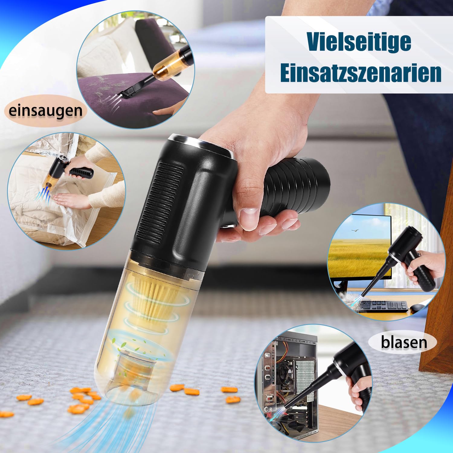 2024 Letzte Version Autostaubsauger, 25000pa Kabellos Handstaubsauger Akku,Mini Staubsauger 12V DC 2.05 M Kabel für ZigarettenanzüNder 6000mAh Handsauger Nass & Trocken für Den Auto Haus