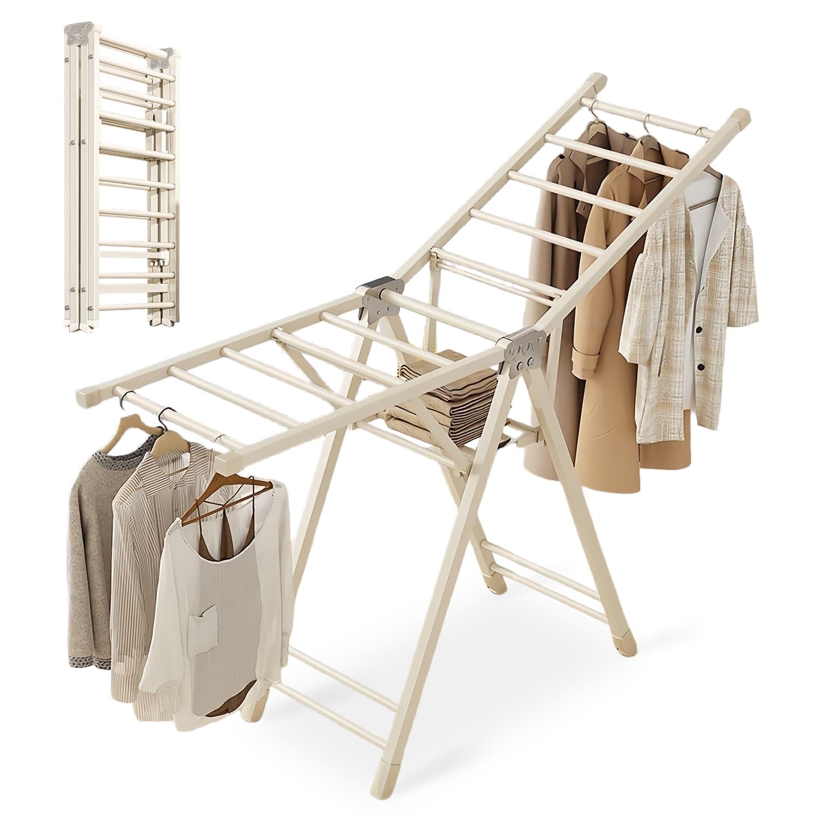 YBLUE Foldable Wing Style Drying Rack with Sliding Rail, 140CM Heavy-Duty Stainless Steel Large Drying Rack, No Installation for Indoor, Outdoor Folding Washing and Drying Machine Bracket (White)